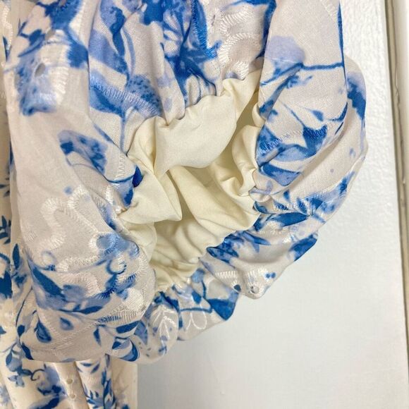 Sam Edelman Floral Embroidered Eyelet Puff Sleeve Mini Shirtdress White Blue, 14 - Picture 6 of 13